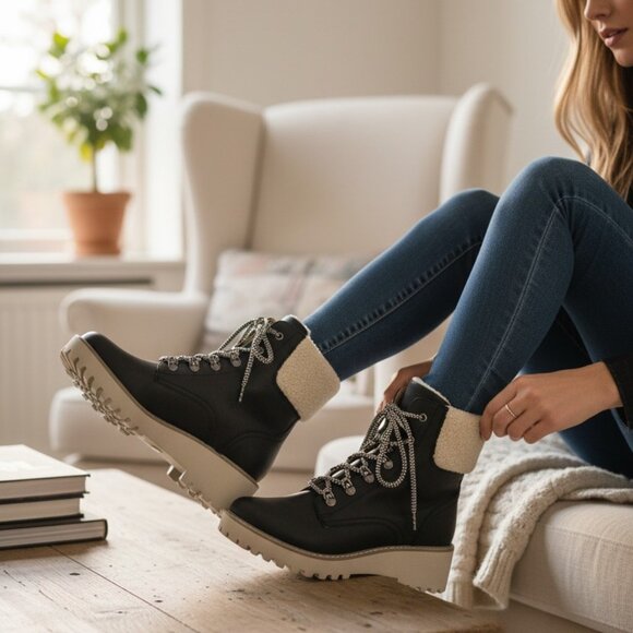 DV DOLCE VITA Russit Ankle Boots Womens 11 Lug Sole Black Beige Faux Fur - Picture 2 of 10